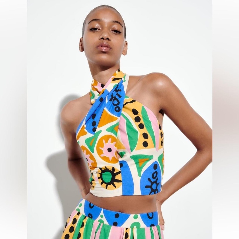New - Zara printed halter top abstract art bright colourful summer festival